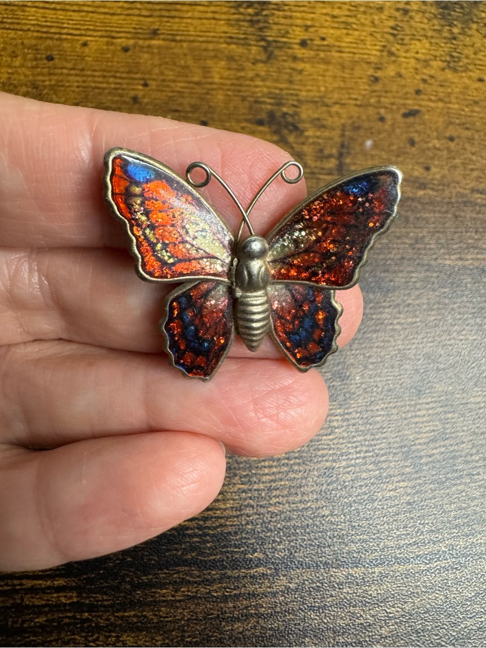 Vintage Red and Blue Glitter Metal Butterfly Brooch - Enamel Accent